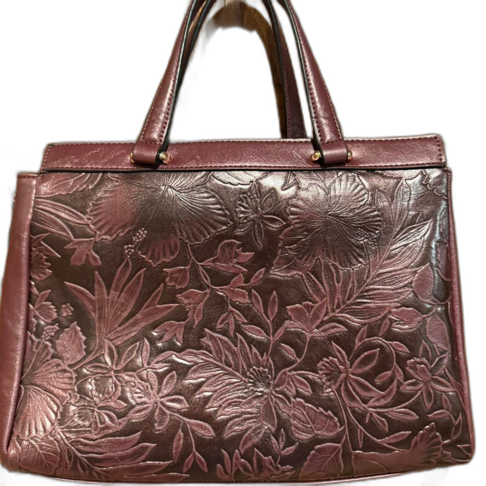 Mellow World Women's hand Bag maroon embossed vegan leather 2 handle shoulder